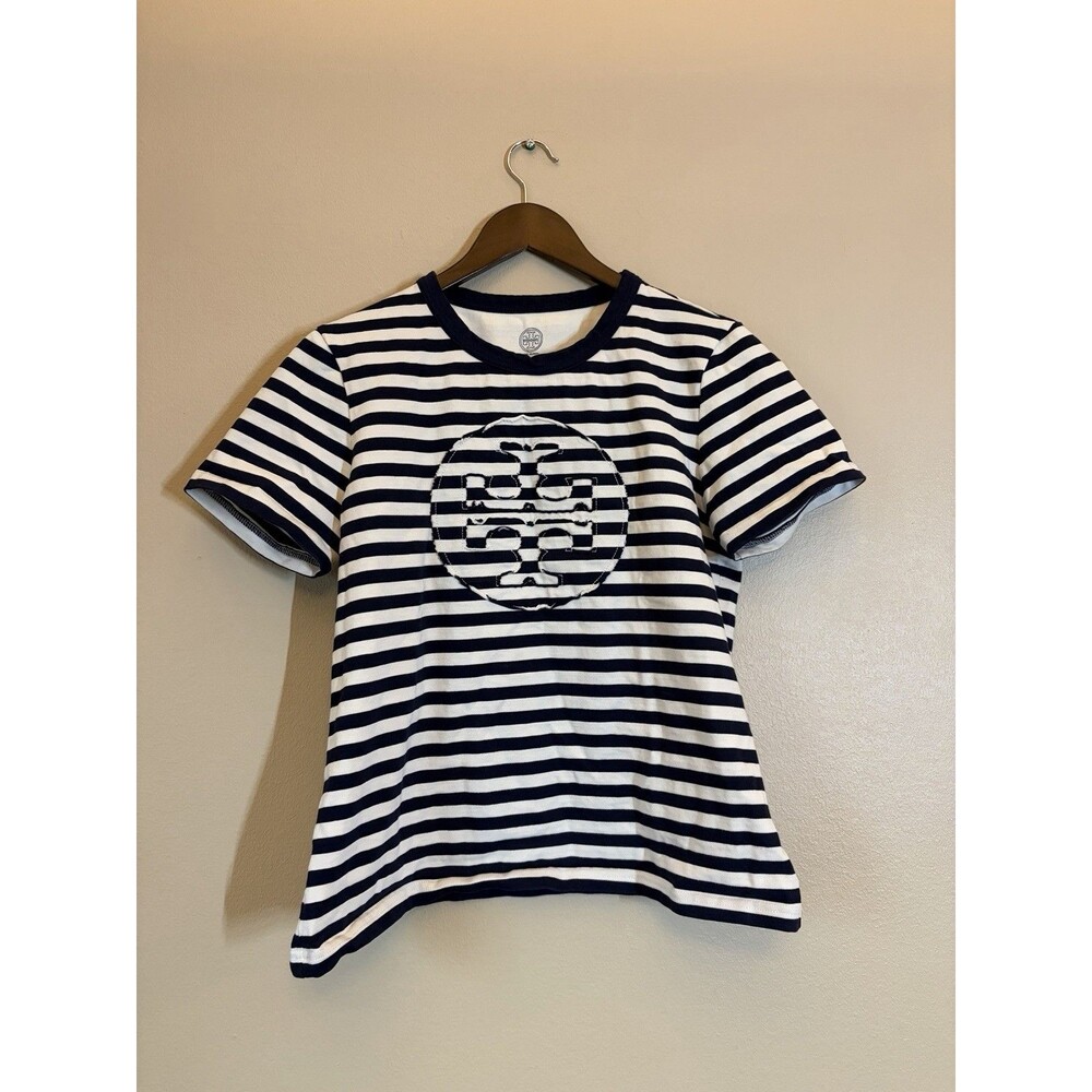 TORY BURCH Double-T Striped Logo T-Shirt Size Large Nautical Preppy Classic